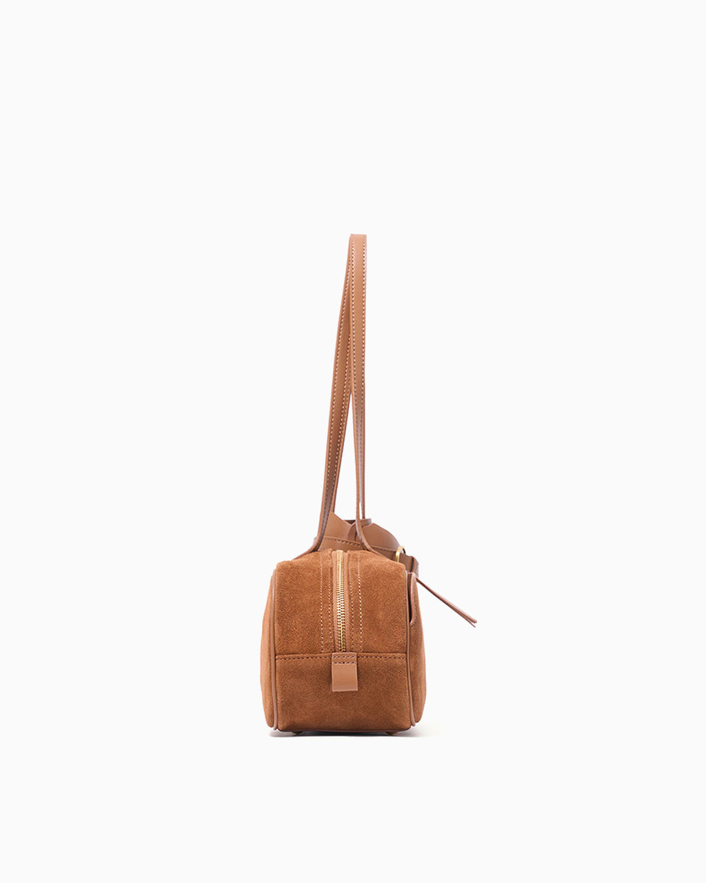 Side view of the Women's Minimalist Suede Boston Handbag with Gold Details, Yellow-Brown Color