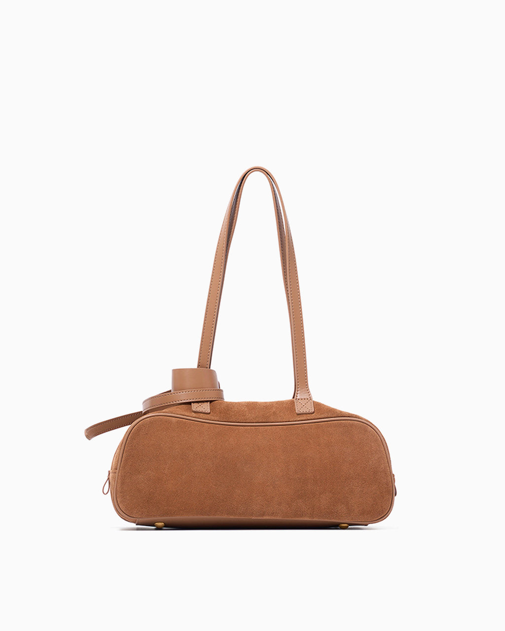 Back view of the Women's Minimalist Suede Boston Handbag with Gold Details, Yellow-Brown Color