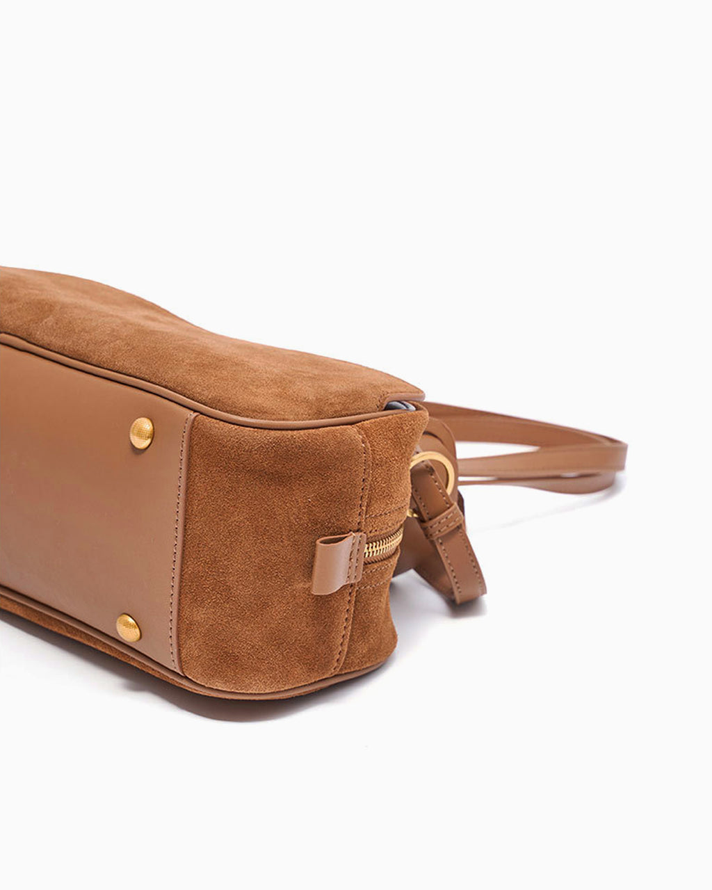 Bottom-side view of the Women's Minimalist Suede Boston Handbag with Gold Details, Yellow-Brown Color