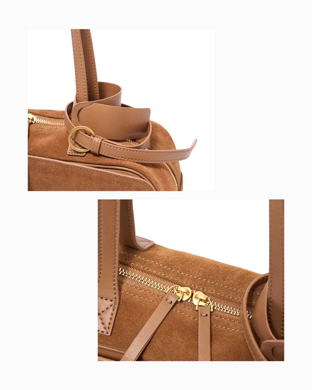 Details of the Women's Minimalist Suede Boston Handbag with Gold Details, Yellow-Brown Color
