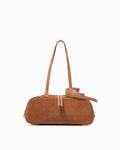 Women's Minimalist Suede Boston Handbag with Gold Details, Yellow Brown Color