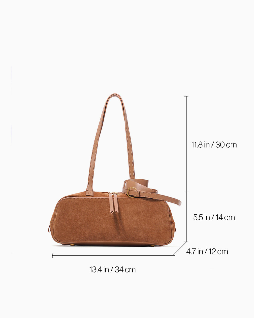Dimensions of the Women's Minimalist Suede Boston Handbag with Gold Details, Yellow-Brown Color