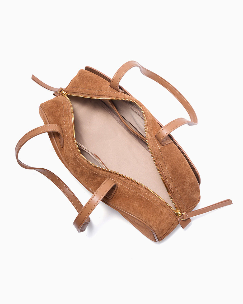 Compartment details of the Minimalist Suede Boston Handbag with Gold Details, Yellow-Brown Color