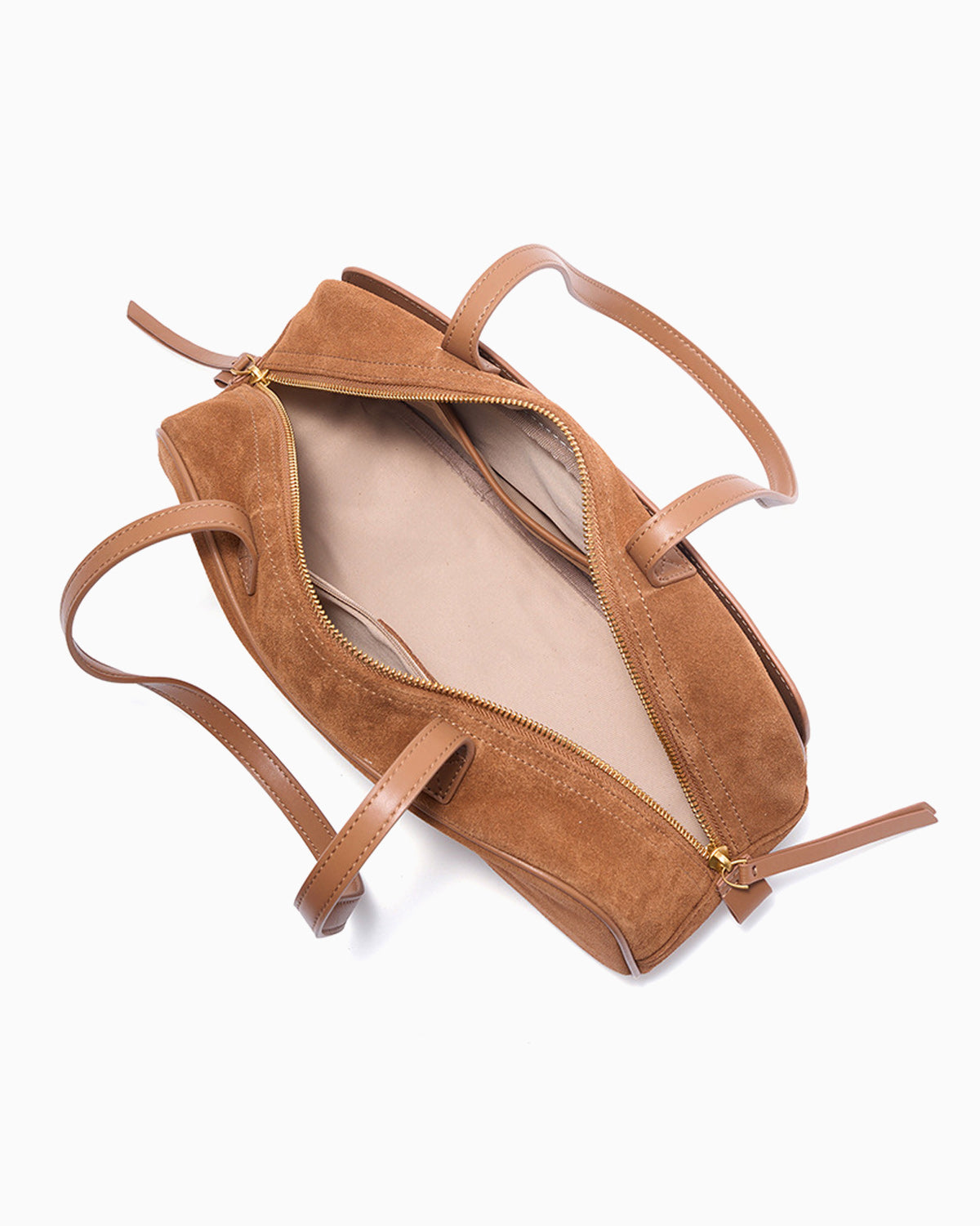 Women's Minimalist Suede Boston Handbag with Gold Details, Yellow Brown Color