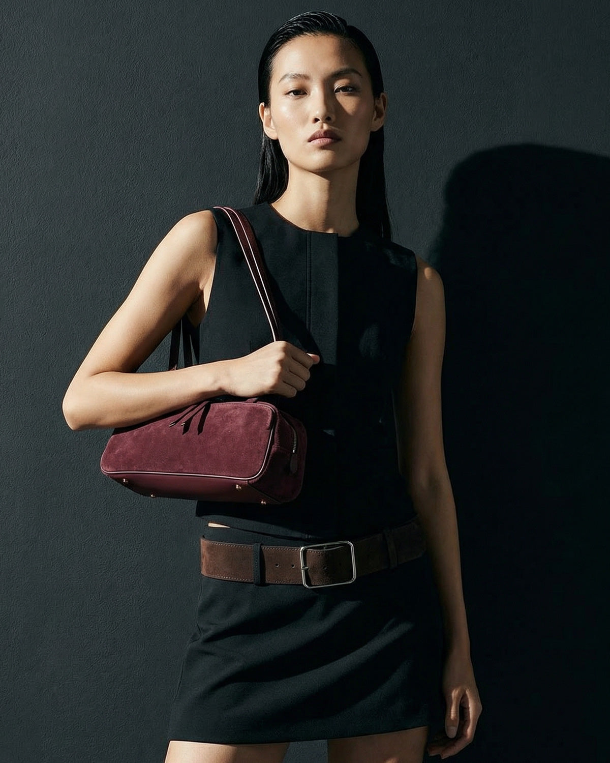 Women's Minimalist Suede Boston Handbag with Gold Details, Burgundy Color