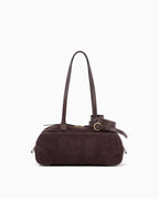 Women's Minimalist Suede Boston Handbag with Gold Details, Coffee Color