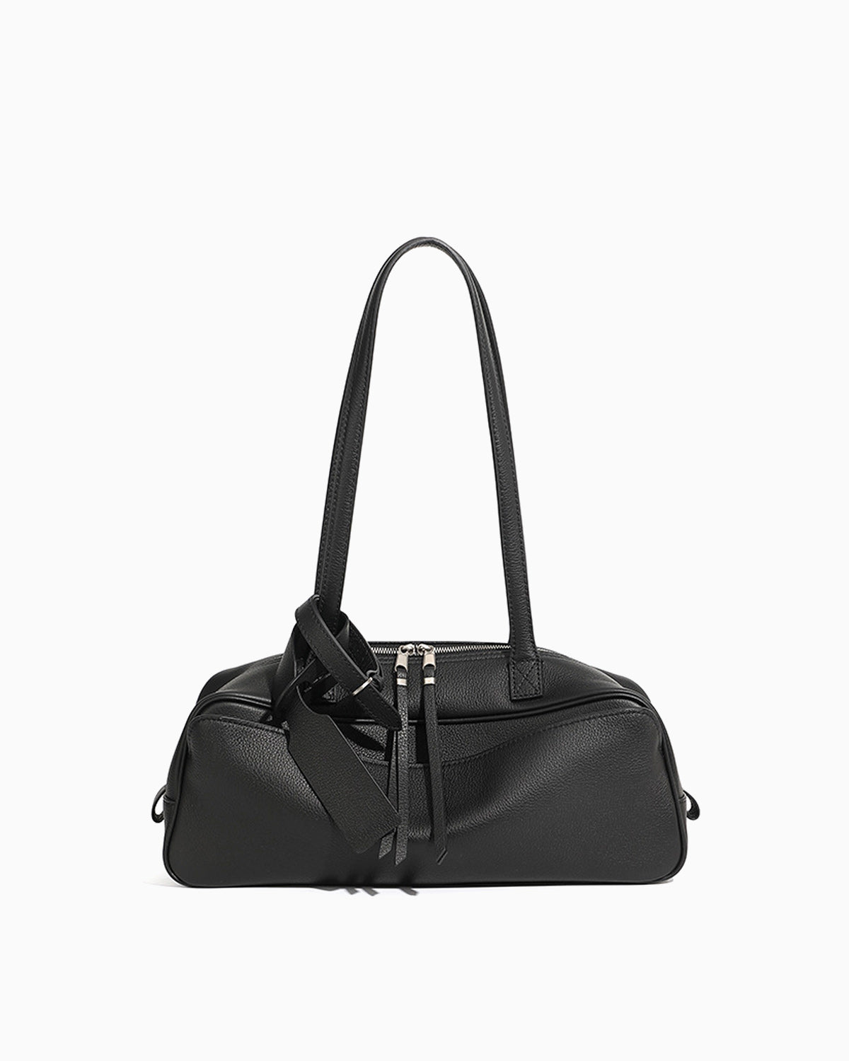 Sleek & Spacious Elegant Genuine Leather Boston Baguette Shoulder Bag, Black Color