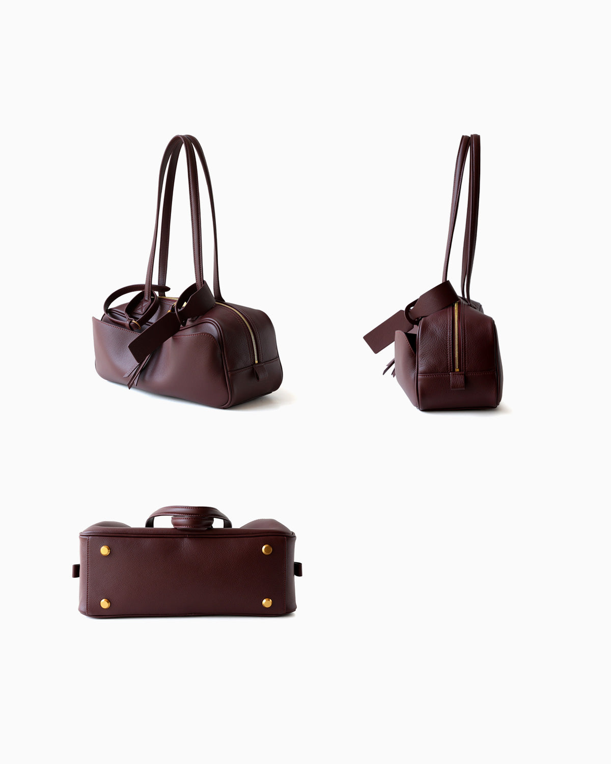 Front, side, and bottom views of Genuine Leather Baguette Shoulder Bag