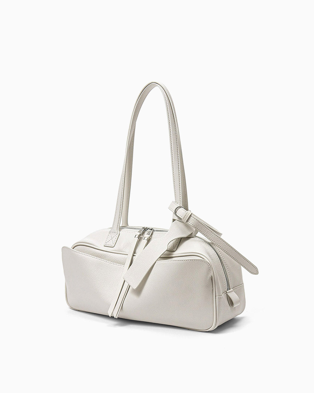 Spacious Off-White Genuine Leather Baguette Shoulder Bag