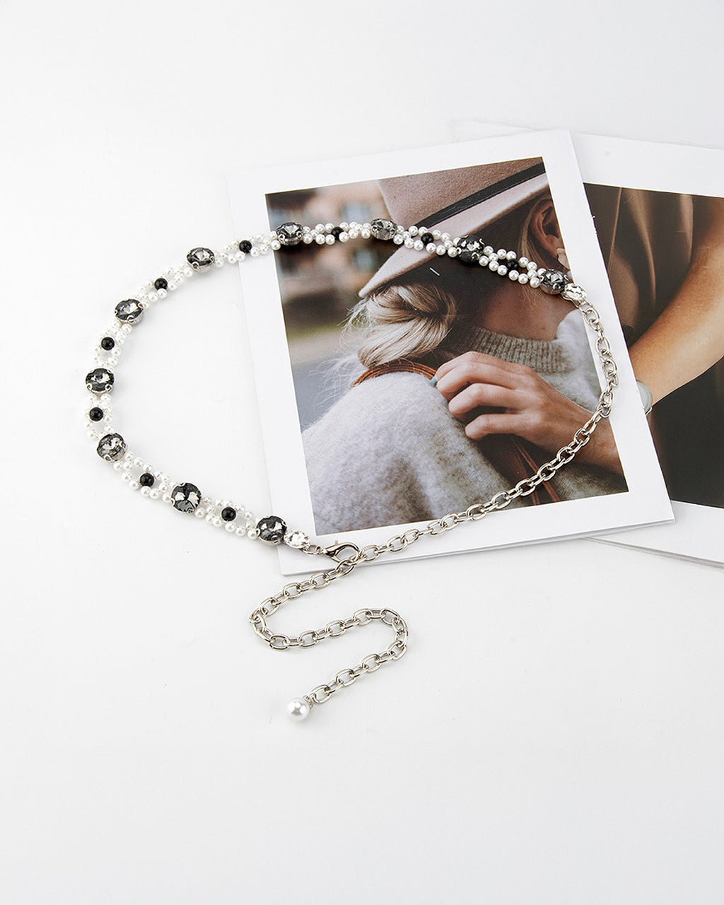 Women's Pearl and Crystal Waist Chain, Black accents