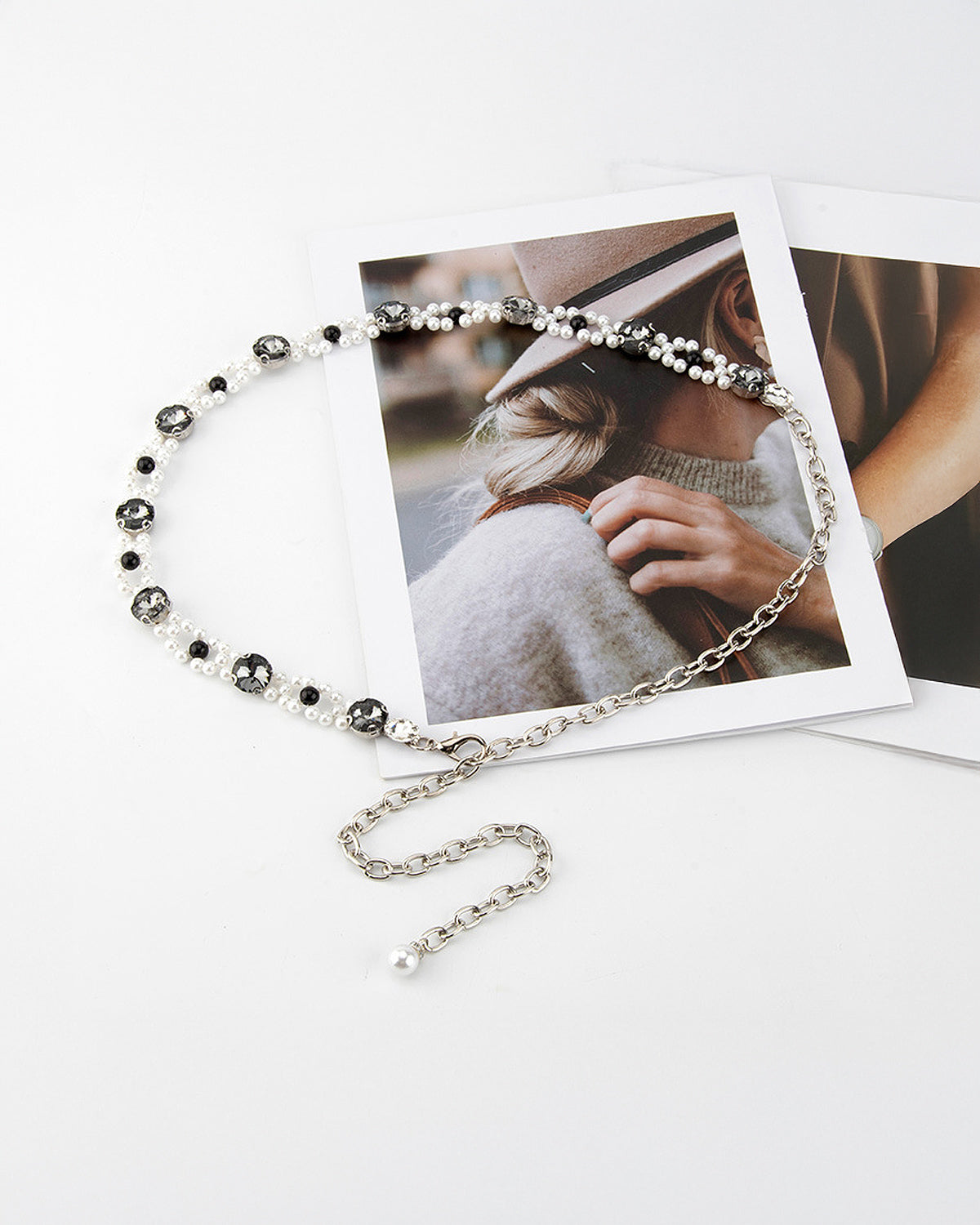 Women's Pearl and Crystal Waist Chain, Black accents