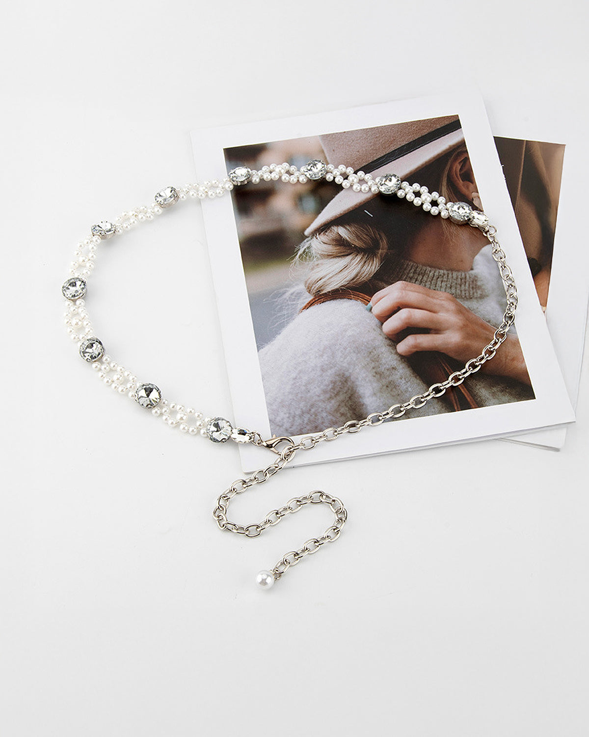 Women's Pearl and Crystal Waist Chain, White accents