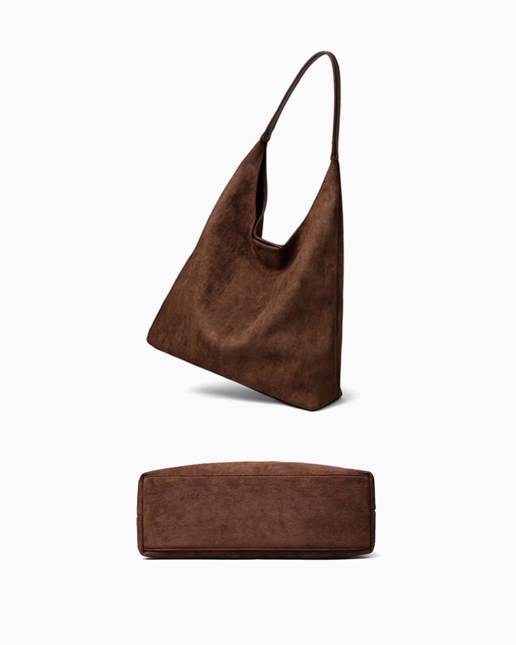 Side and bottom view of Brown Suede Tote Bag with Vegan Faux leather single shoulder strap