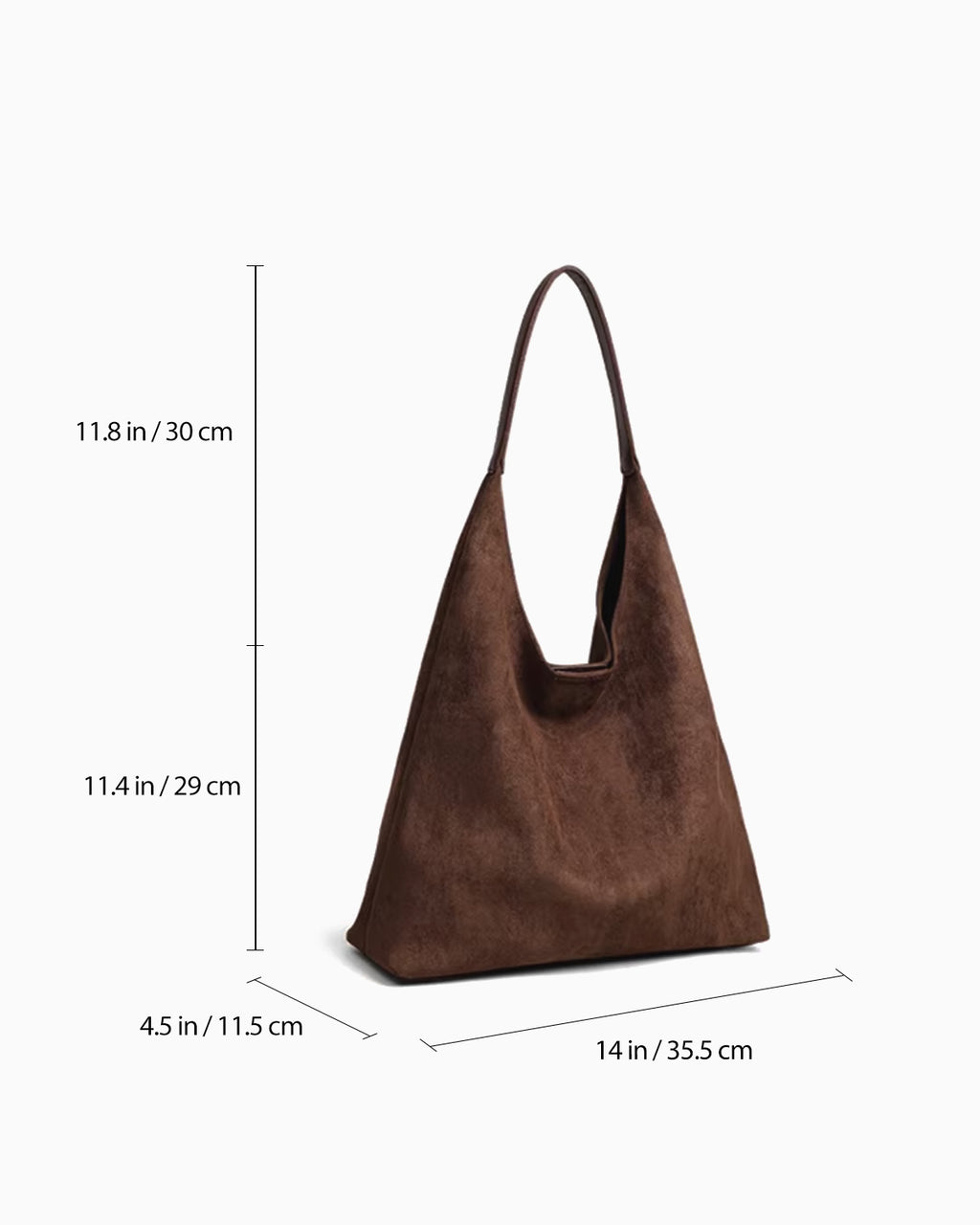 Dimensions of Brown Suede Tote Bag with Vegan Faux Leather Single Shoulder Strap