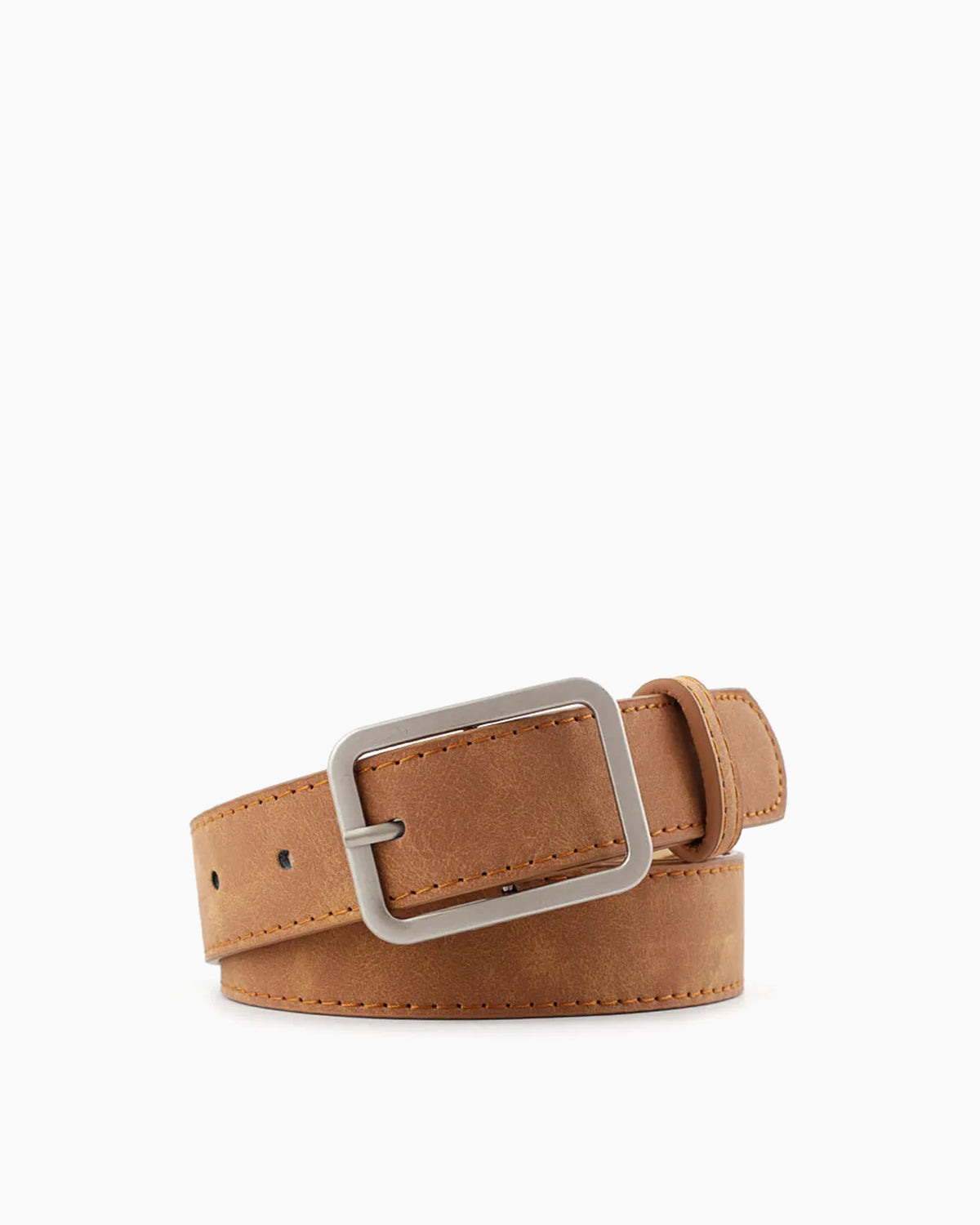 Women's Casual Belt with Silver Rectangular Buckle, Camel