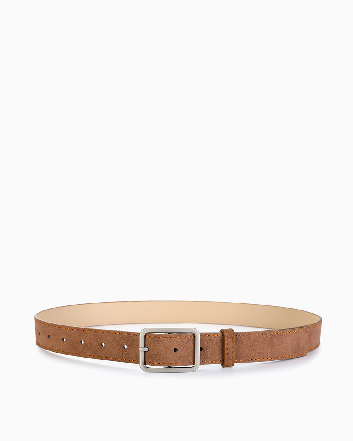 Women's Casual Belt with Silver Rectangular Buckle, Camel