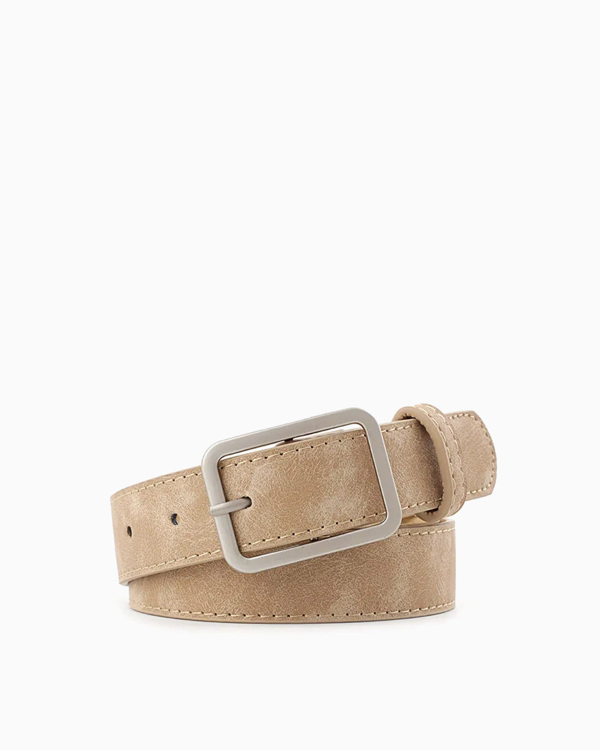 Women's Casual Belt with Silver Rectangular Buckle, Beige Khaki