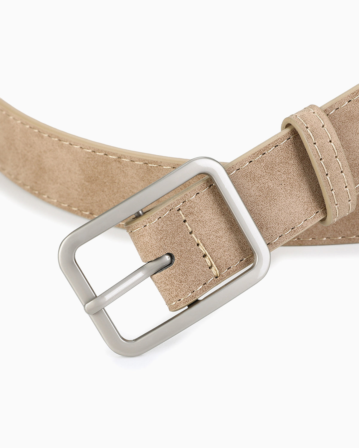 Women's Casual Belt with Silver Rectangular Buckle, Beige Khaki