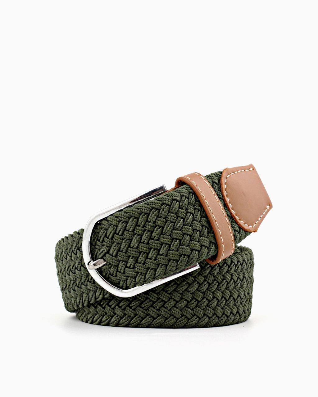 Women's Braided Canvas Army Green Belt with Silver Buckle and Leather Accents