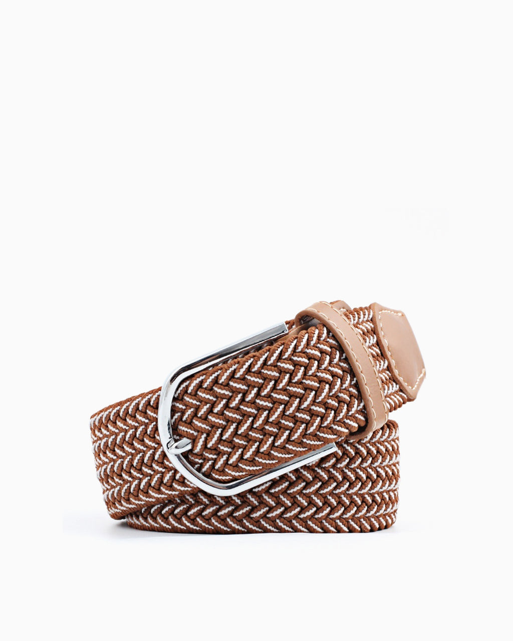 Women's Braided Canvas Green Belt with Silver Buckle and Leather Accents, Brown Pattern