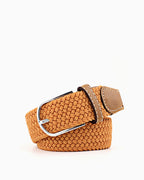 Women's Braided Canvas Camel Beige Belt with Silver Buckle and Leather Accents