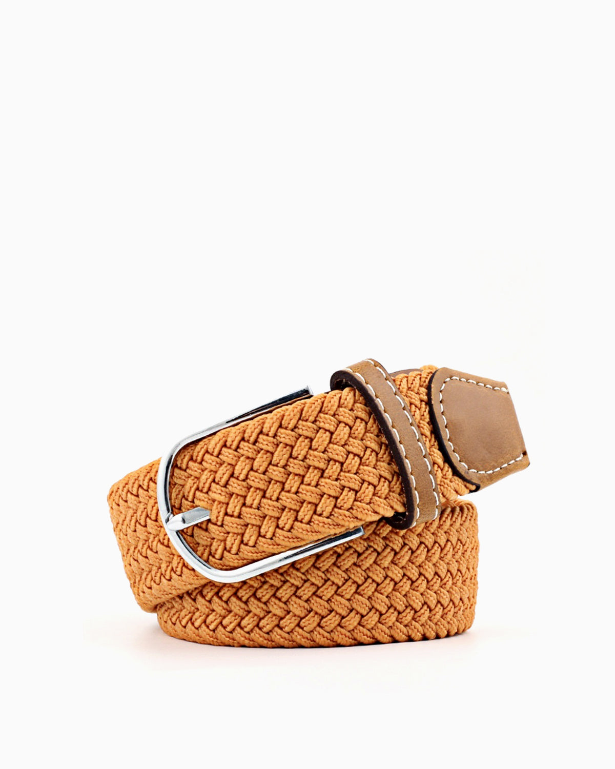 Women's Braided Canvas Camel Beige Belt with Silver Buckle and Leather Accents