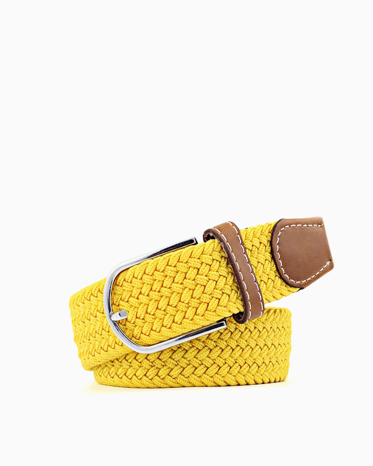 Women's Braided Canvas Yellow Belt with Silver Buckle and Leather Accents