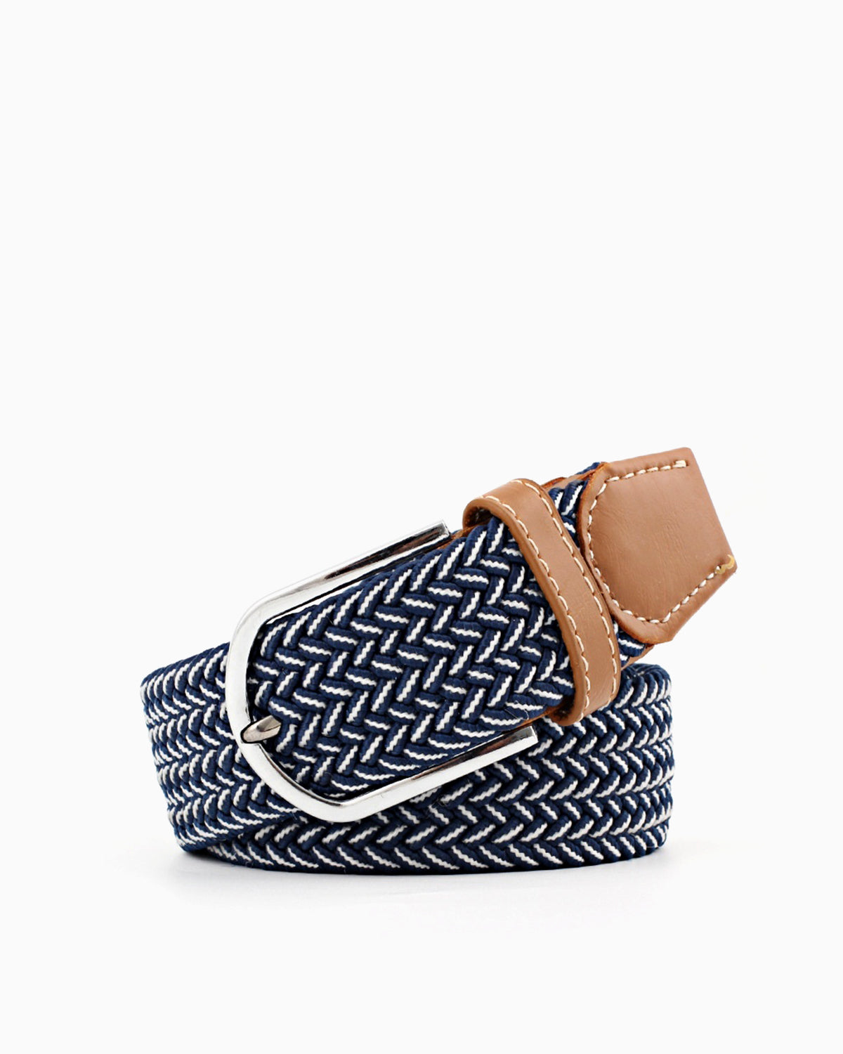 Women's Braided Canvas Green Belt with Silver Buckle and Leather Accents, Blue Pattern