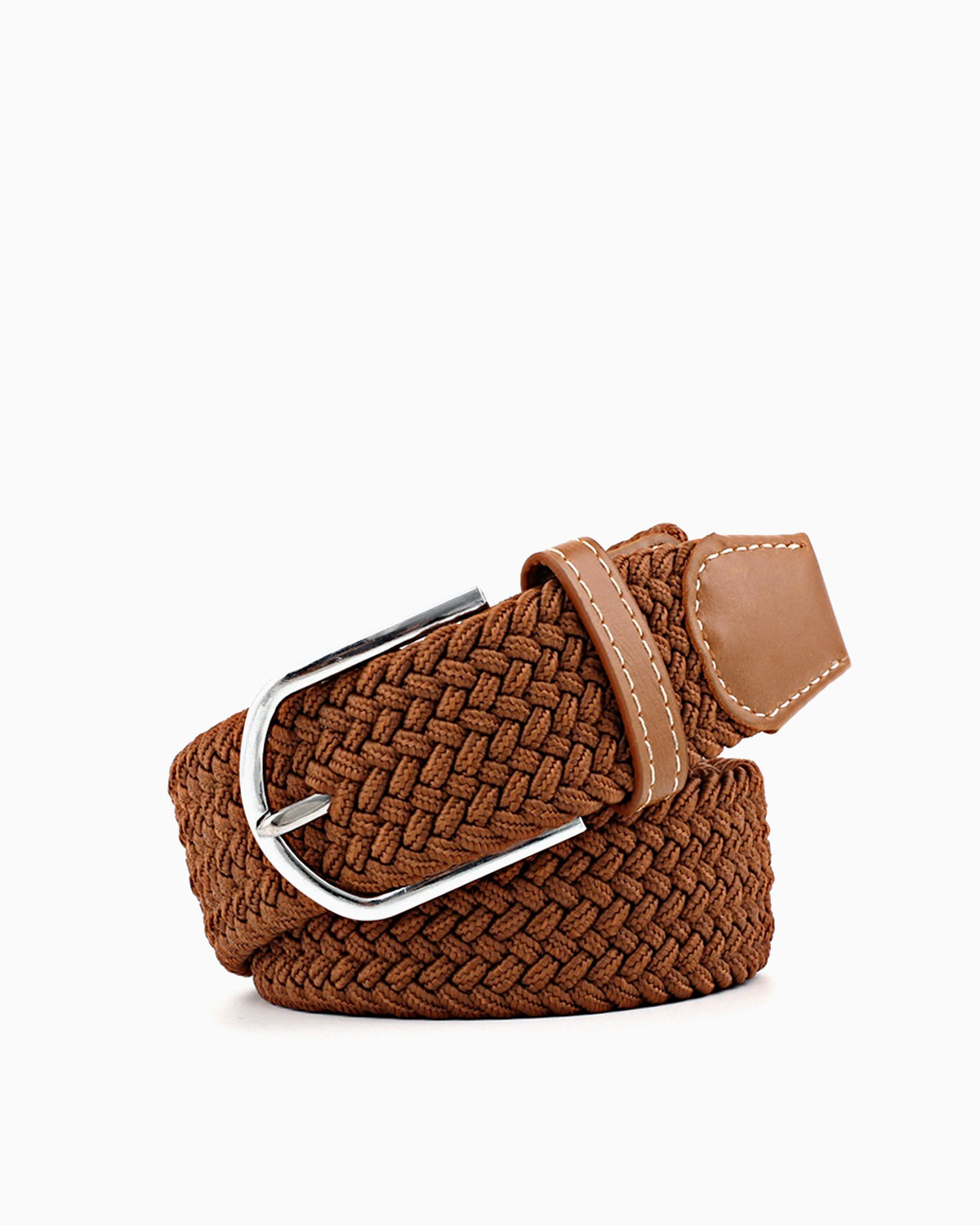 Women's Braided Canvas Brown Belt with Silver Buckle and Leather Accents