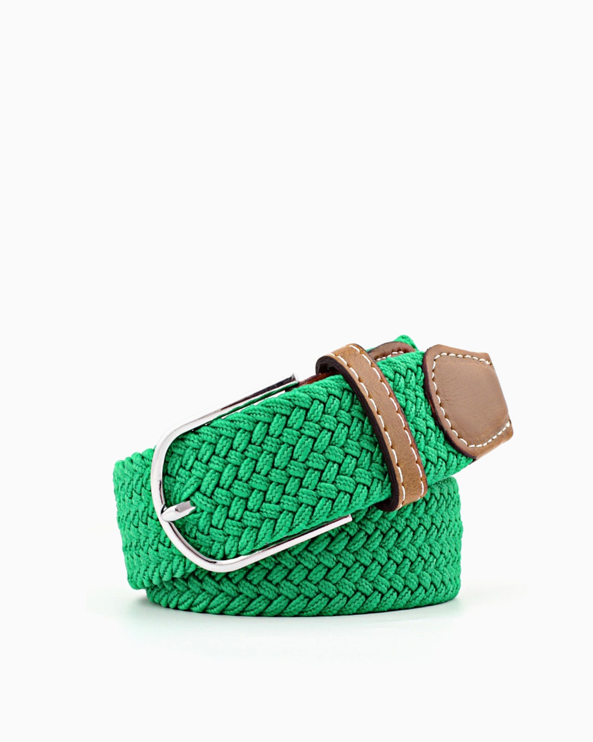 Women's Braided Canvas Green Belt with Silver Buckle and Leather Accents