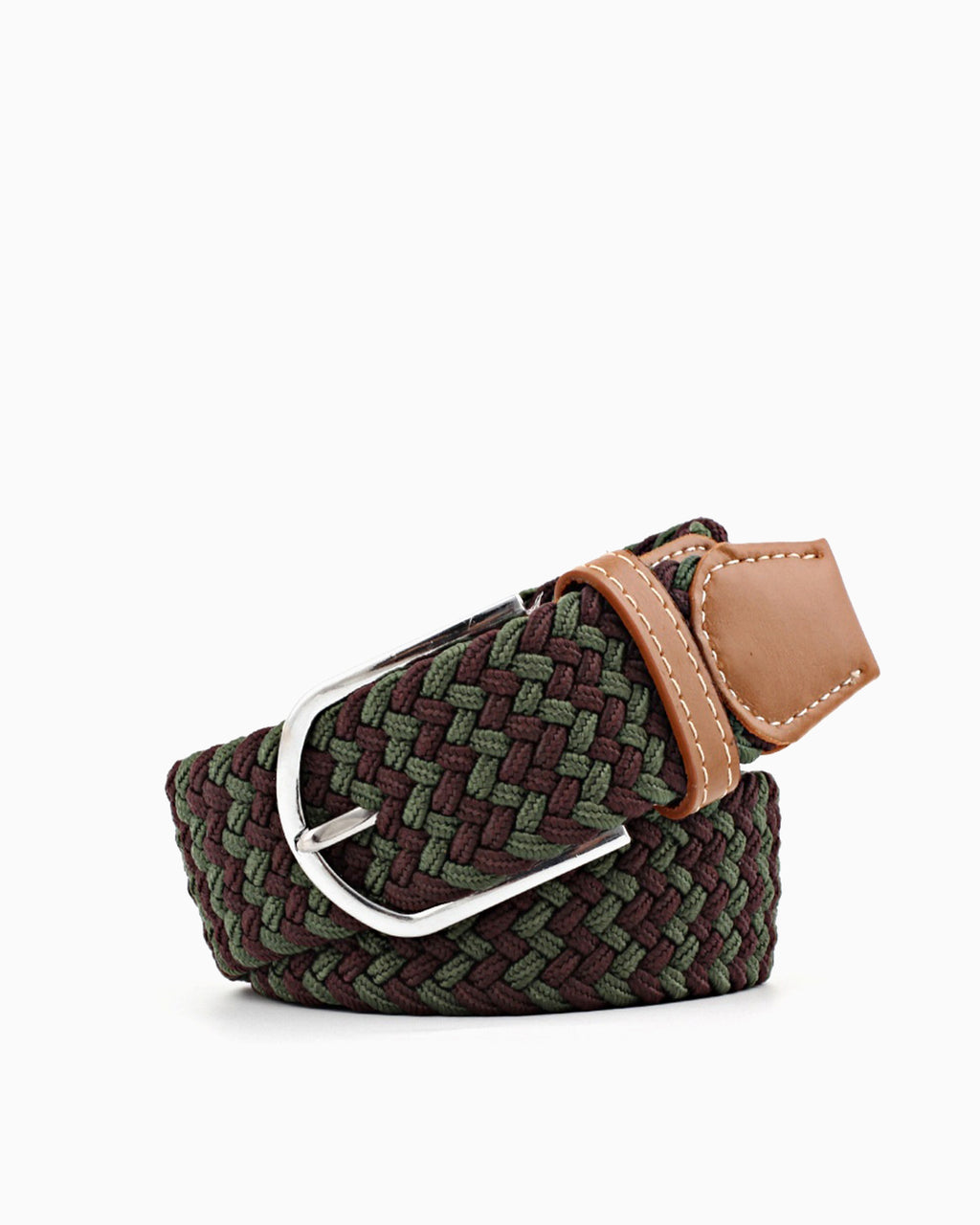 Women's Braided Canvas Green Belt with Silver Buckle and Leather Accents, Green Red Pattern