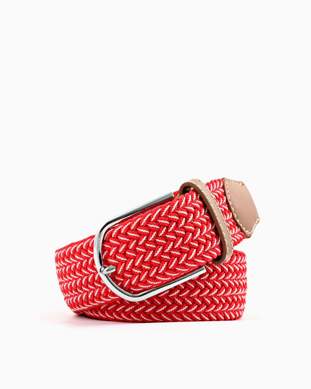 Women's Braided Canvas Red Belt with Silver Buckle and Leather Accents