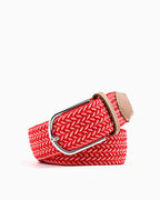 Women's Braided Canvas Red Belt with Silver Buckle and Leather Accents