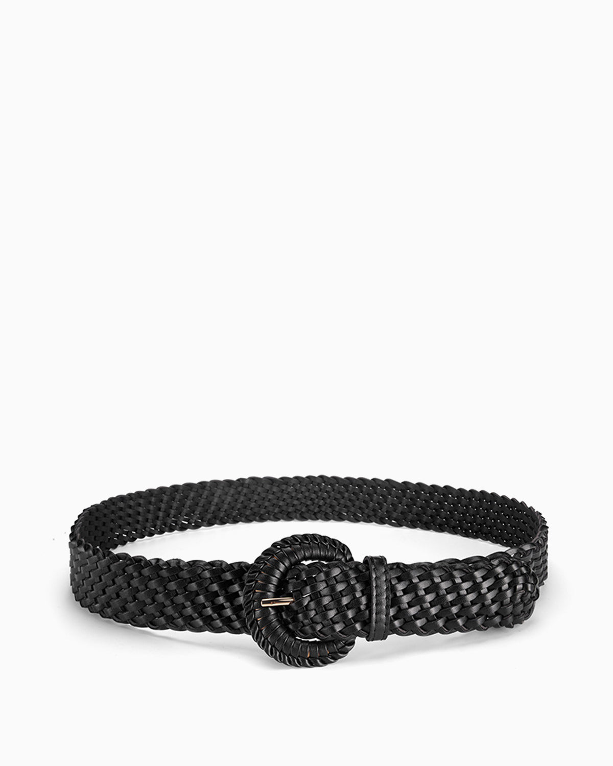 Women's Hand-Woven Rattan Black Belt with Circle Buckle