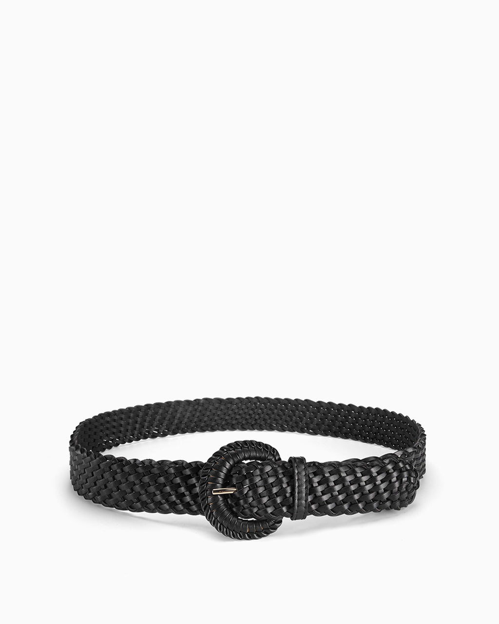 Women's Hand-Woven Rattan Black Belt with Circle Buckle