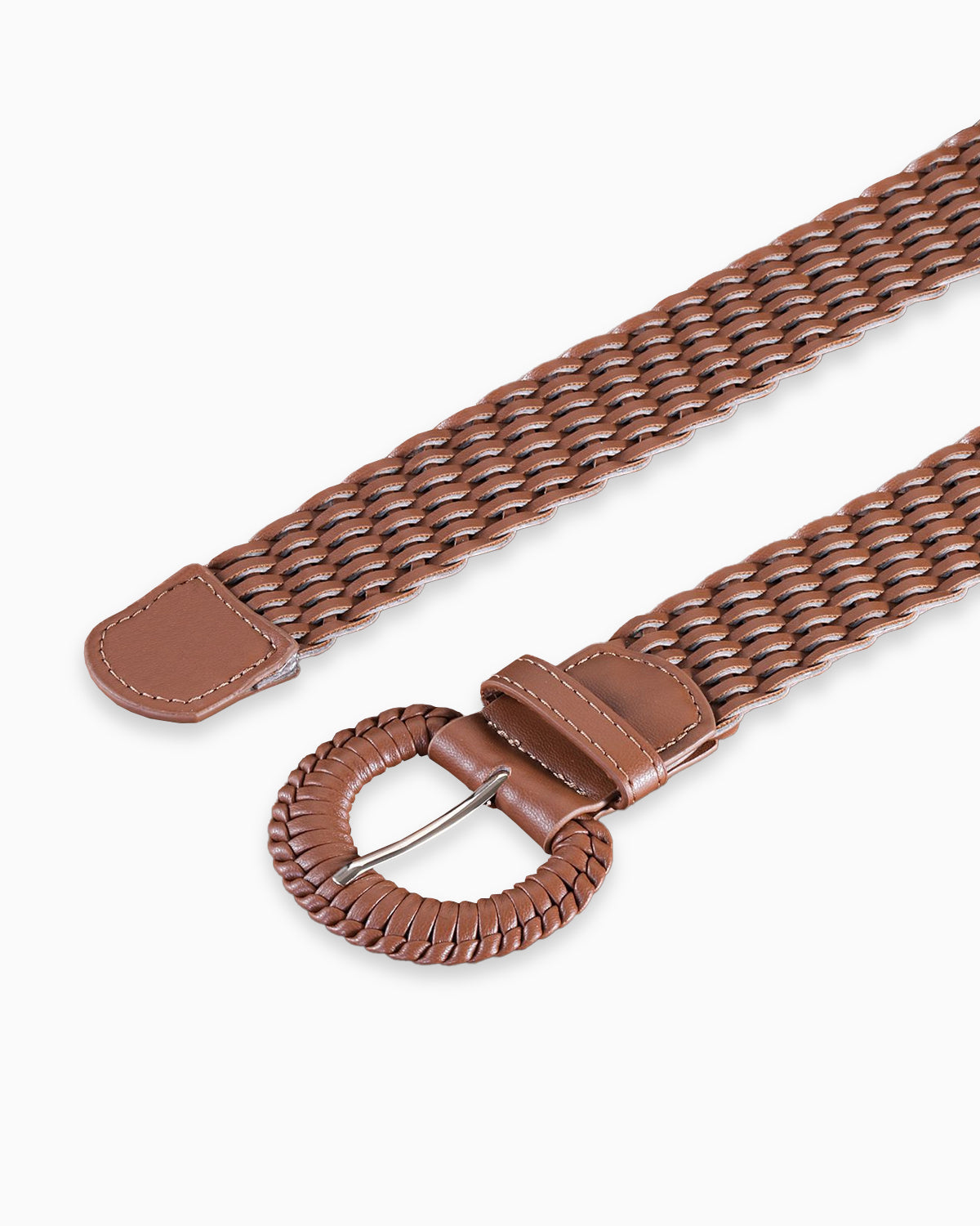 Women's Hand-Woven Rattan Brown Belt with Circle Buckle