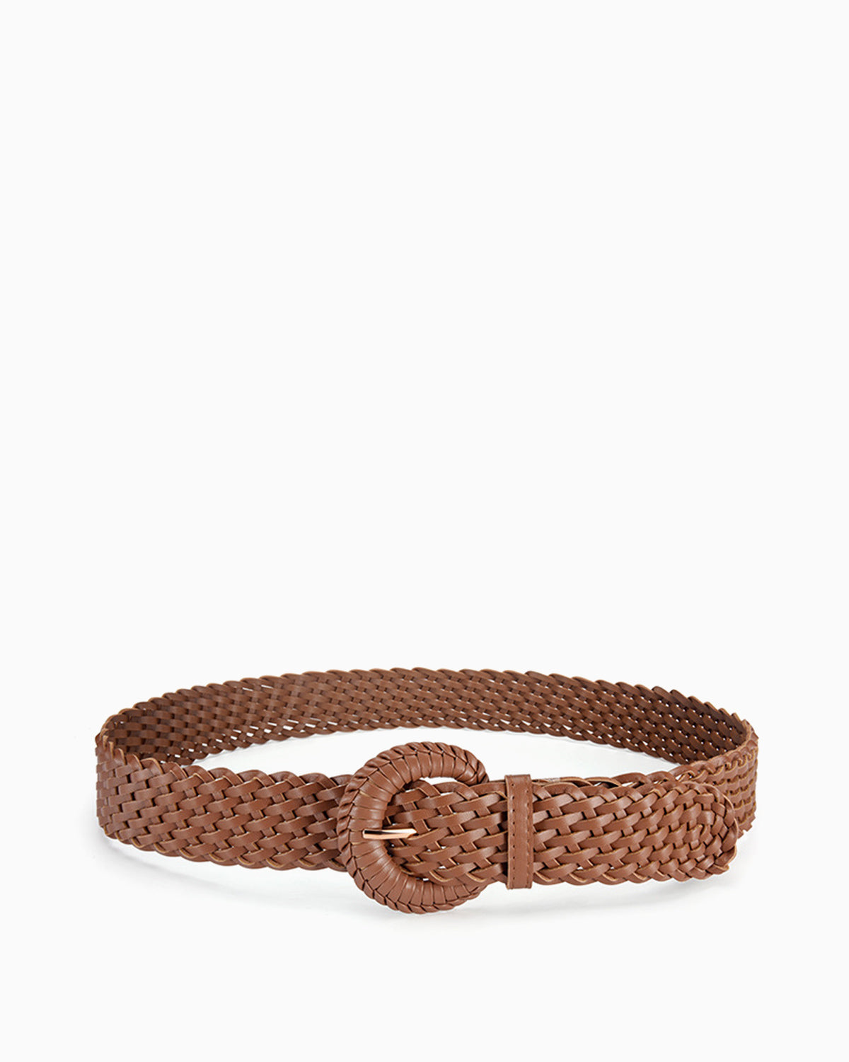 Women's Hand-Woven Rattan Brown Belt with Circle Buckle