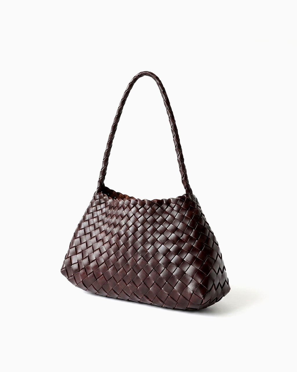 An angled view of a woven leather shoulder bag with a single top handle in Coffee color