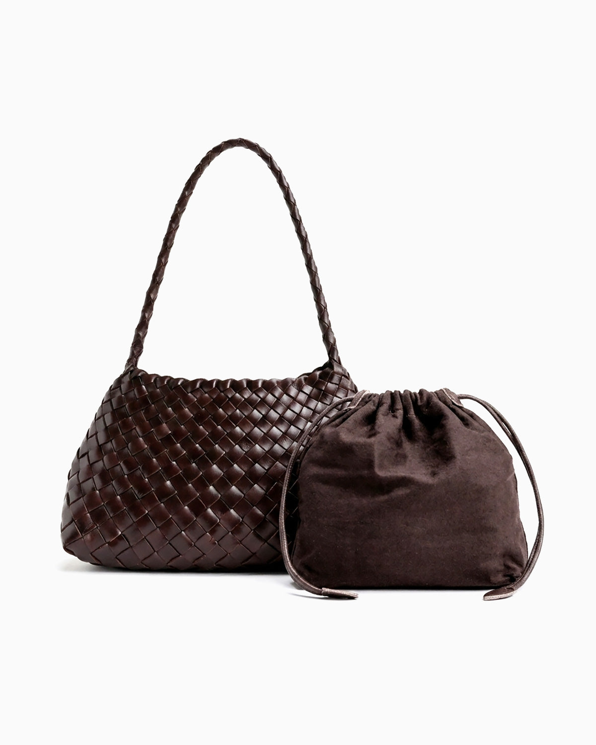 A coffee-colored woven leather shoulder bag with a braided top handle, shown next to a matching dark brown cotton drawstring pouch