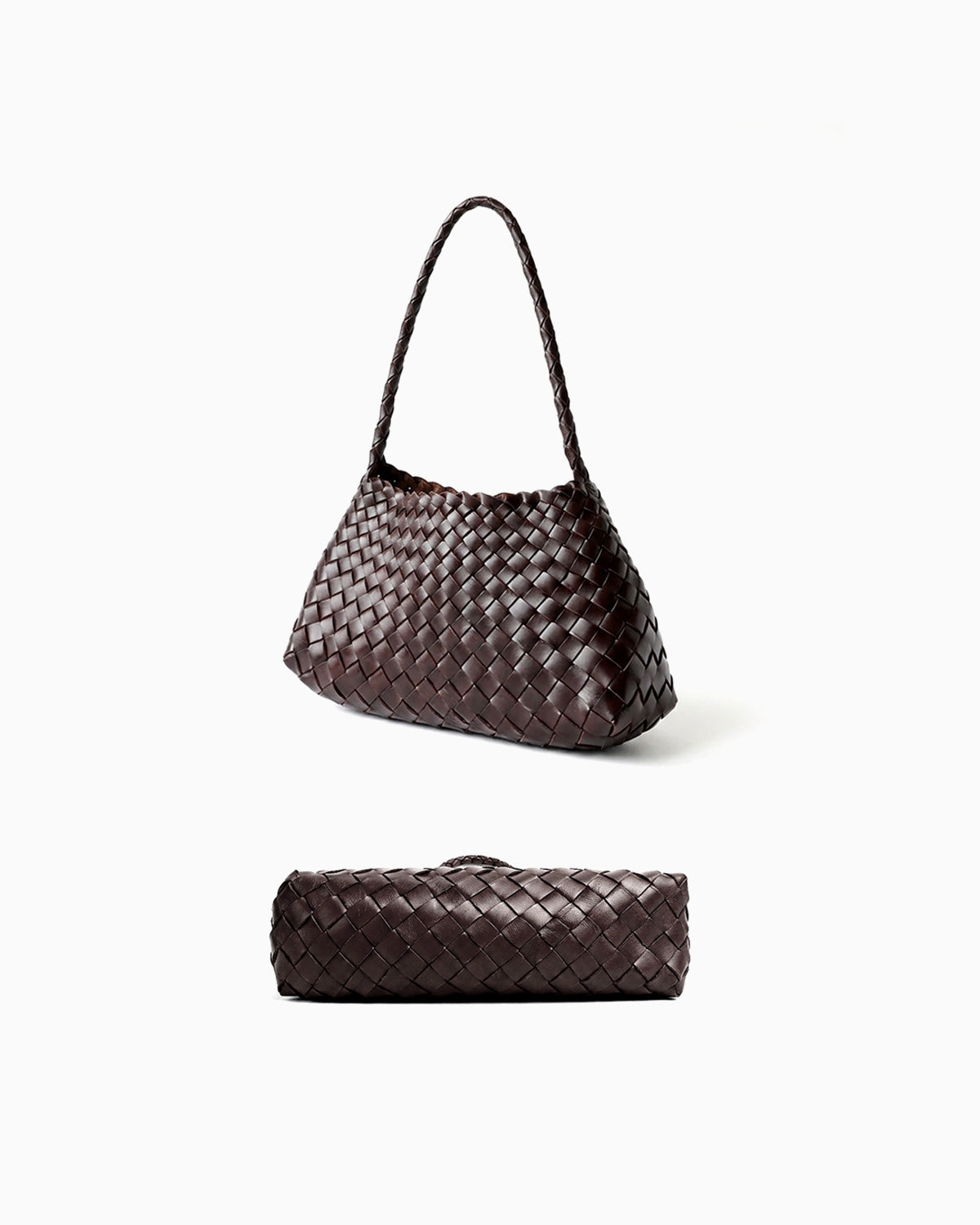 An angled and bottom view of a woven leather shoulder bag in coffee color