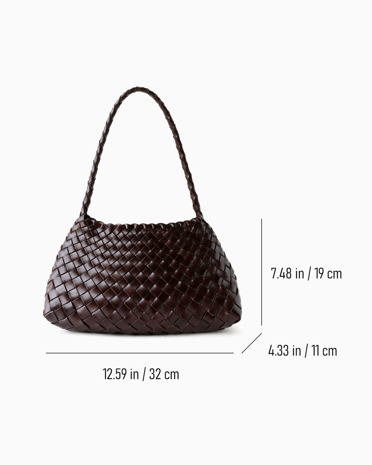 Measurements of a coffee-colored woven leather shoulder bag