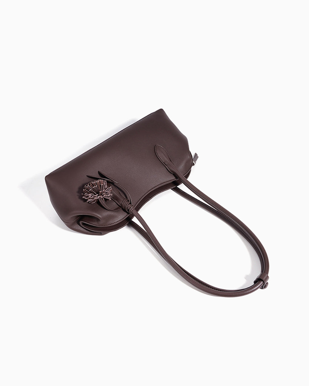 Coffee-colored pillow-shaped Genuine Leather Shoulder Bag with Zip Closure & Leather Tassel
