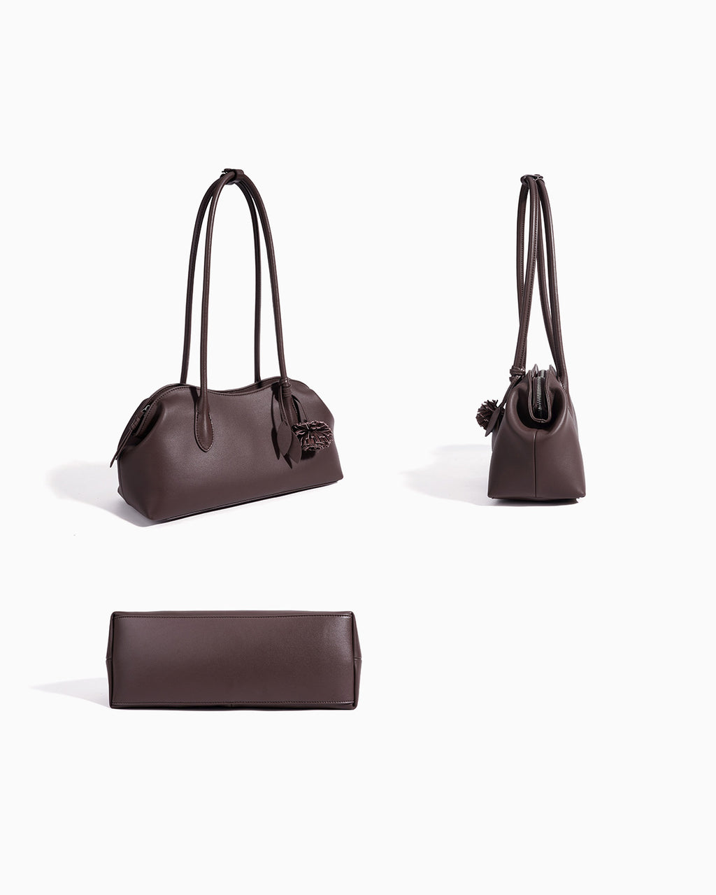 A dark brown leather handbag shown from three angles: a three-quarter front view, a side profile view, and a flat top-down view. The bag features dual shoulder straps, a small decorative hanging charm, and a matching zippered pouch.