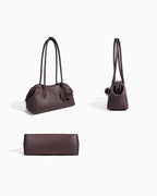 A dark brown leather handbag shown from three angles: a three-quarter front view, a side profile view, and a flat top-down view. The bag features dual shoulder straps, a small decorative hanging charm, and a matching zippered pouch.
