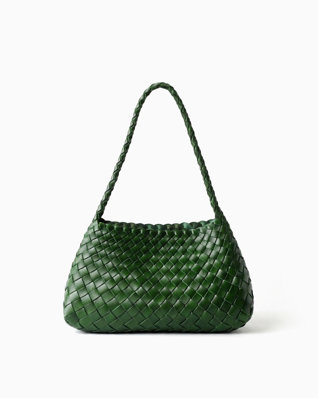 A dark green woven leather shoulder bag with a single braided strap