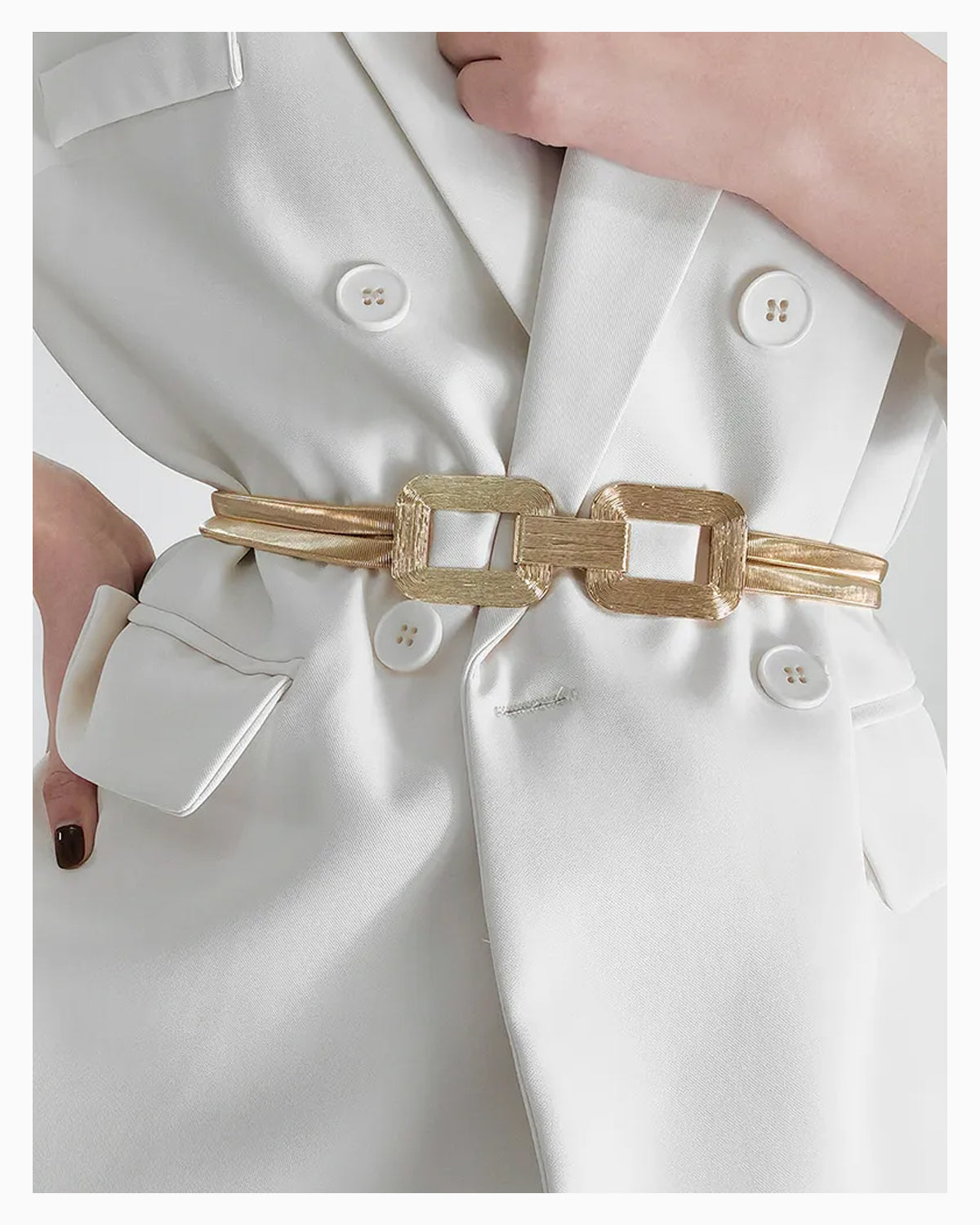 Sculpted Elastic Shine Waist Belts with Geometric Clasps, Gold color