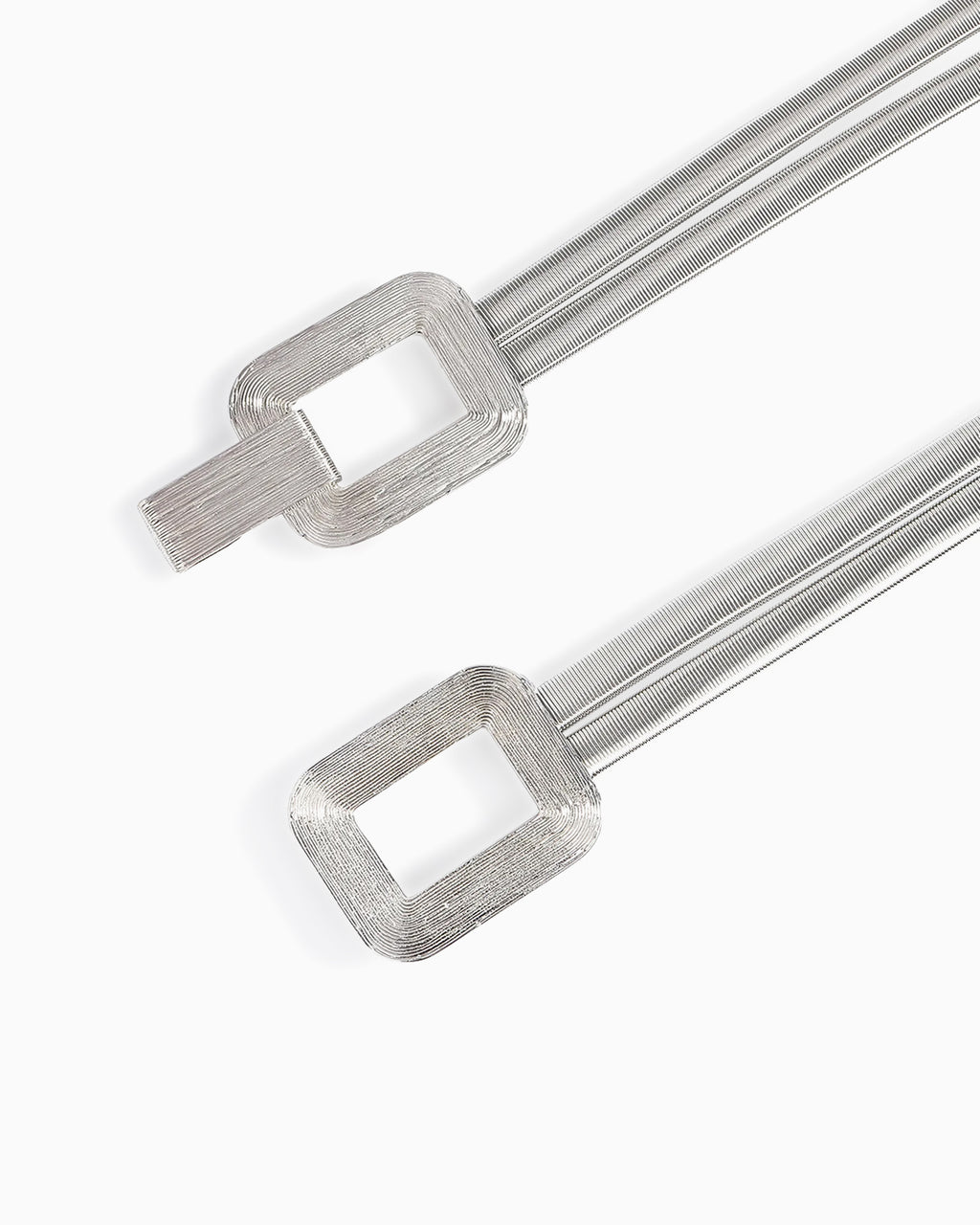 Sculpted Elastic Shine Waist Belts with Geometric Clasps, Silver color