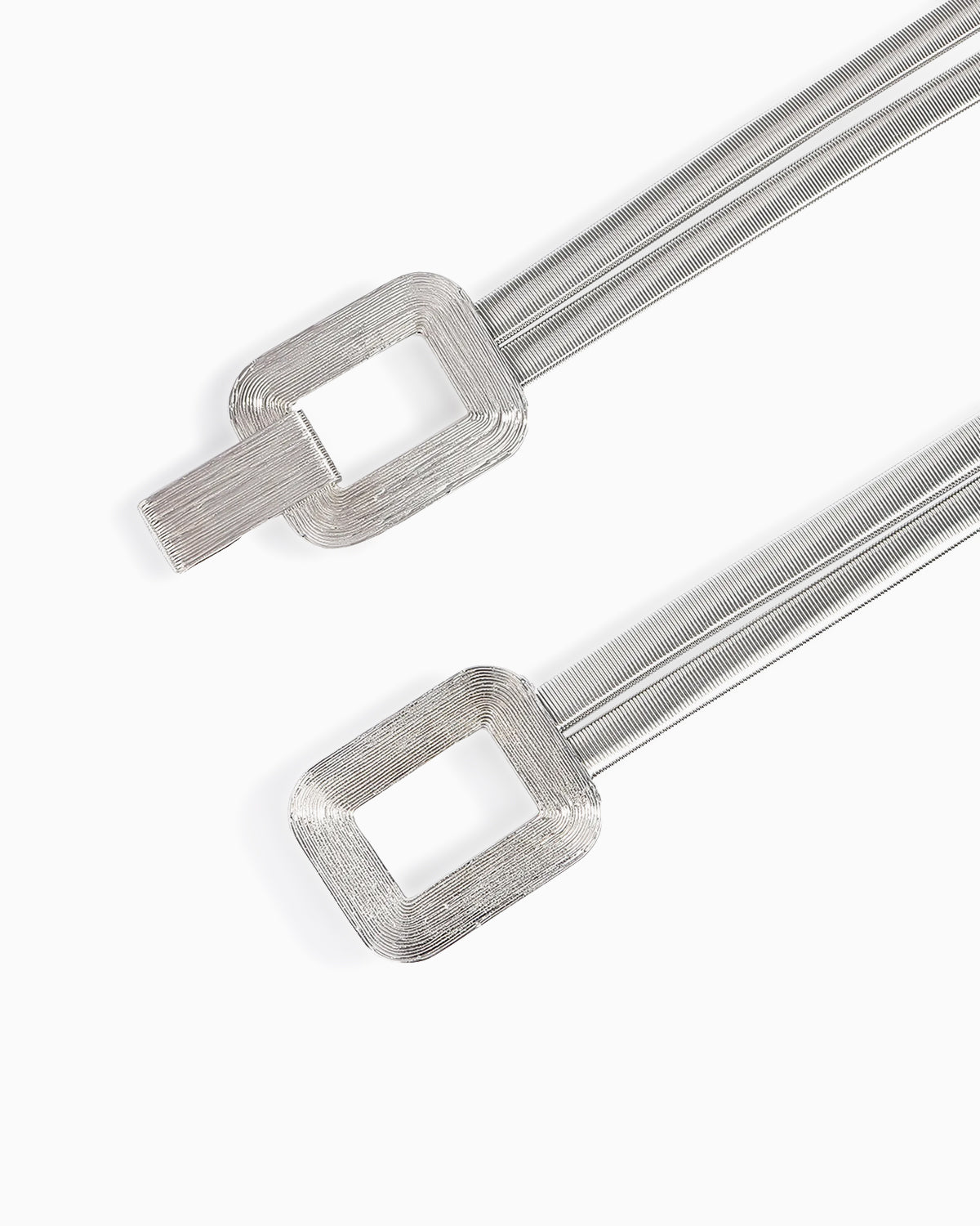 Sculpted Elastic Shine Waist Belts with Geometric Clasps, Silver color