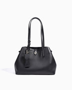 Elegant Genuine Leather Black Tote Bucket Bag with Spacious Interior and Stylish Knot Detail and Detachable Leather Lipstick Pouch
