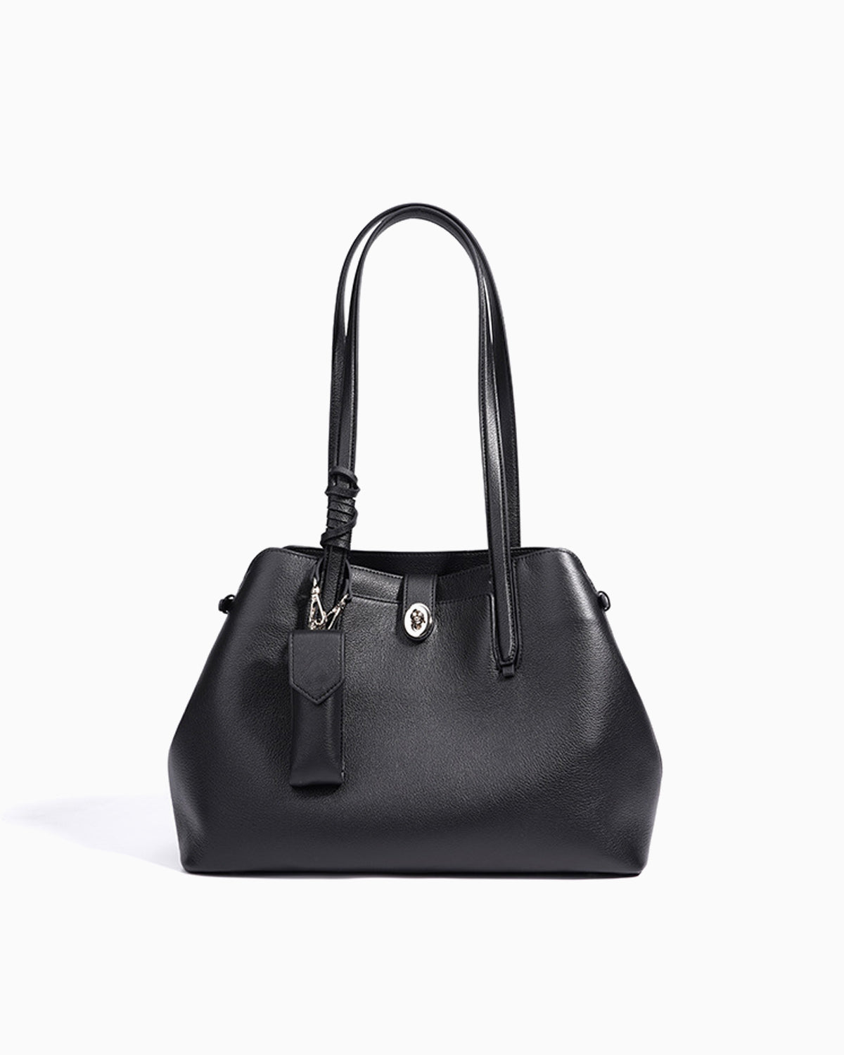Elegant Genuine Leather Black Tote Bucket Bag with Spacious Interior and Stylish Knot Detail and Detachable Leather Lipstick Pouch